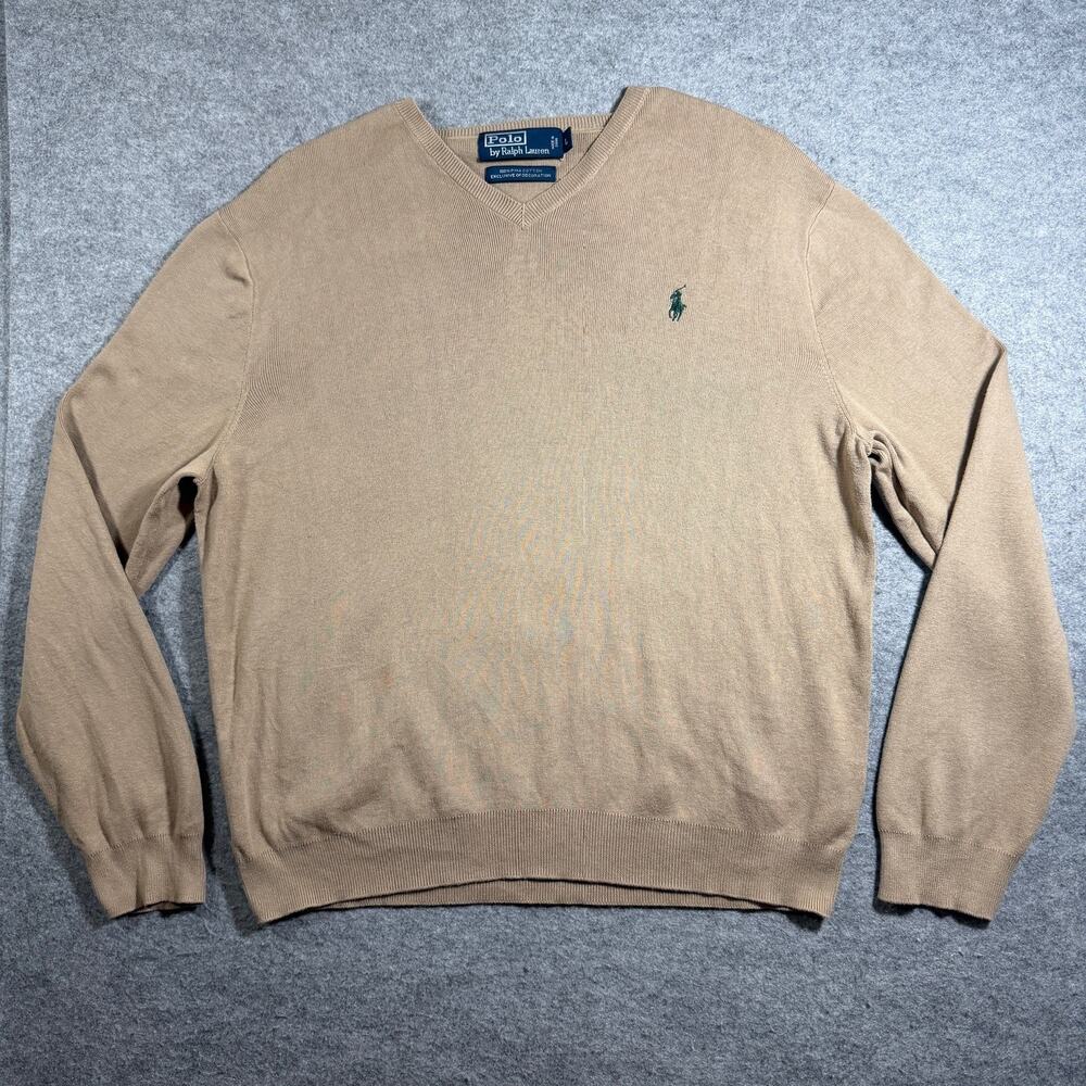 Vintage 90s Polo Ralph Lauren Pima Cotton Sweater Mens L Tan V-Neck Preppy Knit